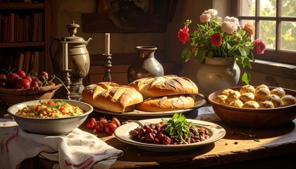Displaying a warm, inviting scene, an abundant table is laden with a variety of fresh, delicious foods, including bread, rolls, fruit, and a hearty stew, creating a feeling of comfort and abundance.