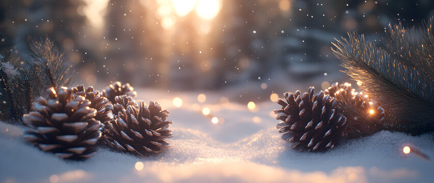 Fairy-light snow background with pine cones and lights. Christmas or New Year banner, greeting card design.