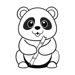 A cute panda cartoon munches happily on fresh bamboo, sitting with big eyes and a playful smile, perfect for a fun and engaging coloring page for all ages.
