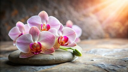 Close-up of a delicate orchid with soft petals in shades of pink and white on a natural stone background