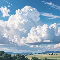 Dramatic summer sky with fluffy clouds over rolling hills
