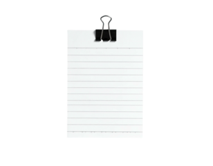 Lined notepad paper clamped with a metal clip, isolated on a black background