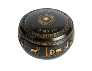 Ornate black vessel, possibly a container, with gold symbols and text