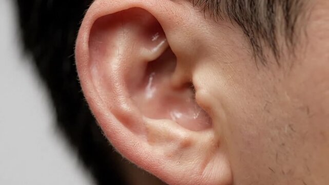 Extreme Close Up of a Human Ear Under Bright Studio Lighting on White Seamless Background for Anatomy Educational or Medical Purposes