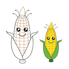 A cute corn cartoon character with a cheerful smile, big eyes, and leafy husk arms, ready for coloring fun. Perfect for kids to enjoy a playful and creative activity!
