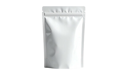 Glossy, white, upright pouch with a zip-top closure, against a black background