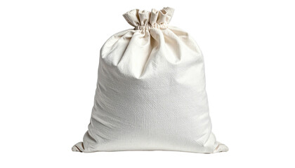 A soft, white drawstring bag, full, standing upright, isolated on a black background