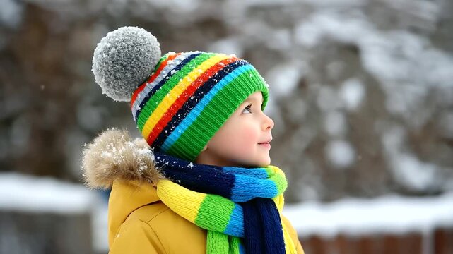 Child playing outdoors in snow, hat with pom-poms and bright scarf visible, expression full of joy and wonder, with copy space.
