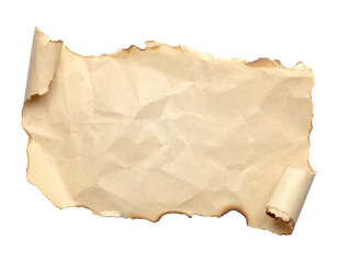 Torn, aged parchment scroll with charred edges and a partially rolled end, black BG
