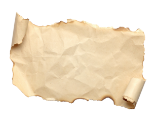 Torn, aged parchment scroll with charred edges and a partially rolled end, black BG