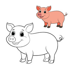 Cute farm animal pig coloring page featuring a cheerful pig standing in a barnyard. Perfect for kids to color and learn about farm life with simple, fun outlines.
