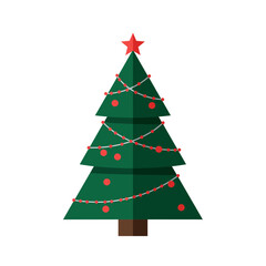 Obraz premium A stylized, flat illustration of a decorated Christmas tree with ornaments and a star.