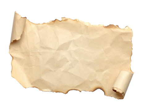 Torn, aged parchment scroll with charred edges and a partially rolled end, black BG
