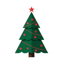Stylized Christmas tree illustration with red star topper, ornaments, and garland on a white background.