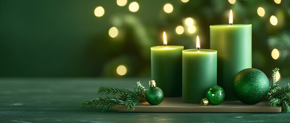A green candle, surrounded by Christmas decorations like cinnamon sticks and gold ornaments, on an isolated wooden background with bokeh lights.