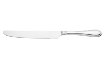 Classic silver dinner knife with a serrated blade and ornate handle isolated on a transparent background