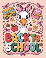 Naklejka premium A colorful illustration featuring a cartoon goose with school-themed items, promoting the fun of going back to school.