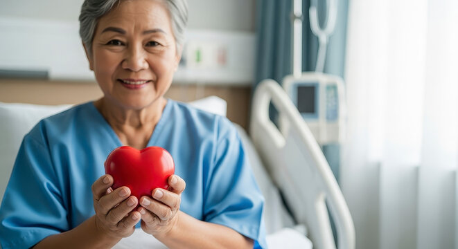 Smiling elderly Asian woman holding a red heart.