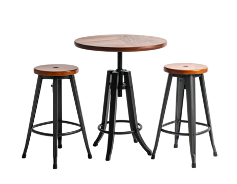 Set of a high adjustable table and two matching stools, all with wood tops and black metal