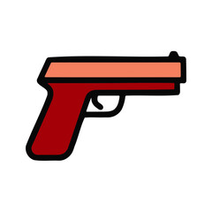 Stylized flat design illustration of a handgun pistol with red and orange colors on a black background