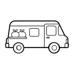 A green fresh food delivery van coloring page featuring a cheerful vehicle loaded with fruits and veggies, symbolizing healthy, eco-friendly produce delivery and freshness.
