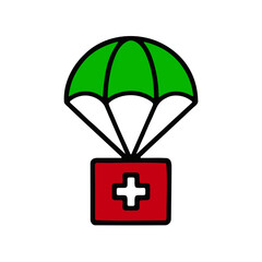 A vibrant green parachute descends from the sky carrying a red medical aid box with a white cross symbol symbolizing emergency medical relief and humanitarian assistance