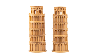 Two miniature leaning towers with architectural detail, set against a black backdrop