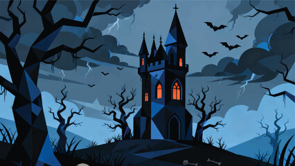 Illustration Of A Gothic Castle Tower On A Hill, Halloween Horror Atmosphere Vector Design Template
