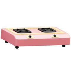 3D illustration of a pink and yellow gas stove with two burners. Perfect for kitchen, cooking, or home appliance design projects