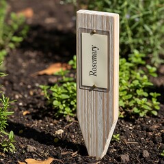 Rosemary plant marker in garden soil, close-up view.