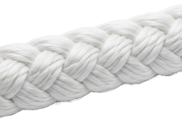 Macro shot of a thick white braided nylon ship mooring line isolated on a transparent background