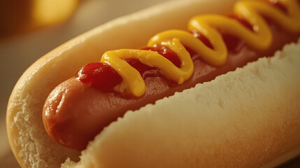 Close-up of a juicy hotdog with ketchup and mustard on a soft bun, warm lighting and delicious texture.