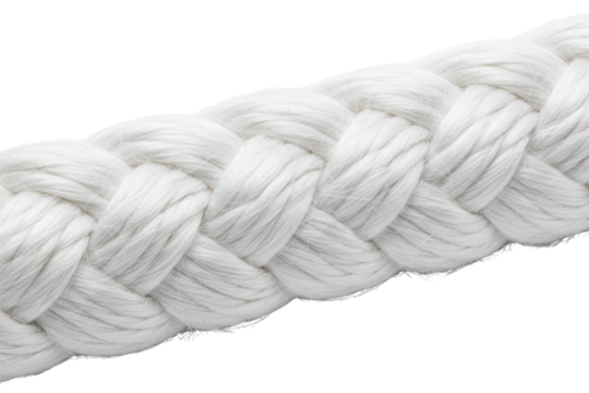 Macro shot of a thick white braided nylon ship mooring line isolated on a transparent background