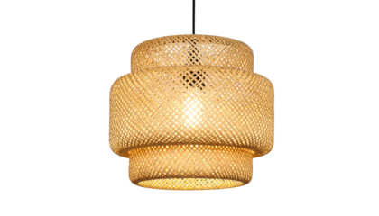 Woven bamboo pendant lamp with tiers, lit from within, against a black background