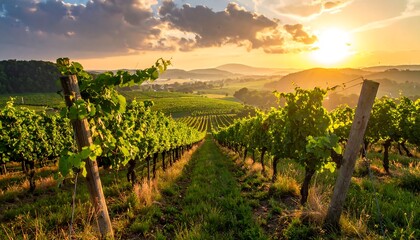 Fototapeta premium Lush vineyard rows at dawn, bathed in golden sunrise light
