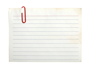 A lined, rectangular notepad with a red paperclip, set against a black backdrop