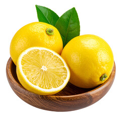 Fresh lemons, one sliced, in a wooden bowl with green leaves against a transparent background