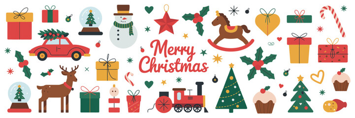 Obraz premium Set of Decorative Christmas Elements Vector Illustration Featuring Tree, Reindeer, Bauble, Socks, Snowman, Gifts, and Car – Perfect for Holiday Cards, Stickers, and Posters