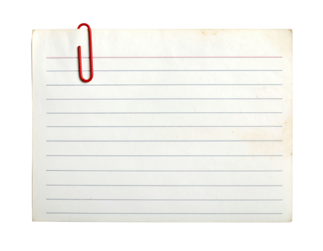 A lined, rectangular notepad with a red paperclip, set against a black backdrop