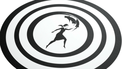 Silhouette of woman with arrows inside a circular target design, black and white