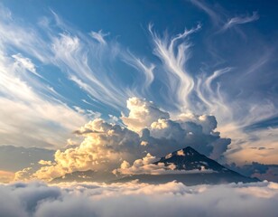 Dramatic mountain peak with swirling clouds