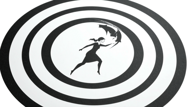 Silhouette of woman with arrows inside a circular target design, black and white