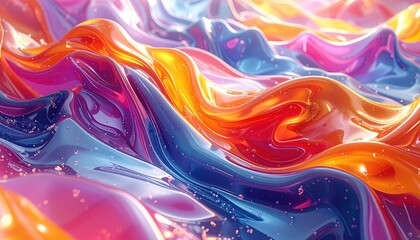 Vibrant, abstract depiction showcases flowing, liquid-like forms with glossy, reflective surfaces, creating a captivating display of interwoven waves, featuring rich colors 
