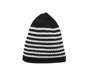 Stylish black and white striped knitted hat, a symbol of tradition and comfort.