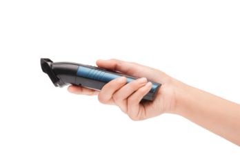 Modern electric hair trimmer held by a hand, perfect for grooming and styling.
