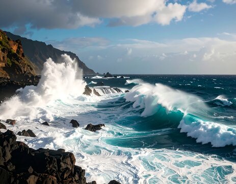 Dramatic ocean waves crashing on rocks