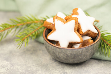 Cinnamon stars, Zimtsterne traditional german christmas cookies, gingerbread with anise spice for winter holiday