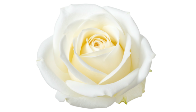 Close-up of a pure white rose with a delicate, creamy yellow heart, isolated on black