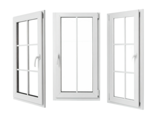 Three white, multi-pane windows, one closed, two open, on a transparent background