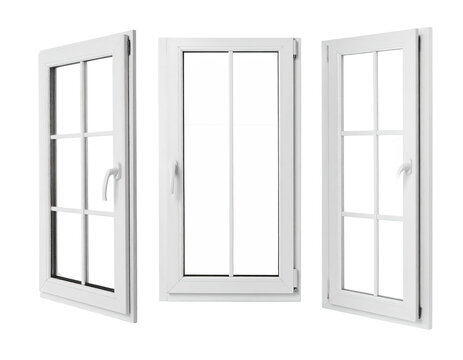 Three white, multi-pane windows, one closed, two open, on a transparent background